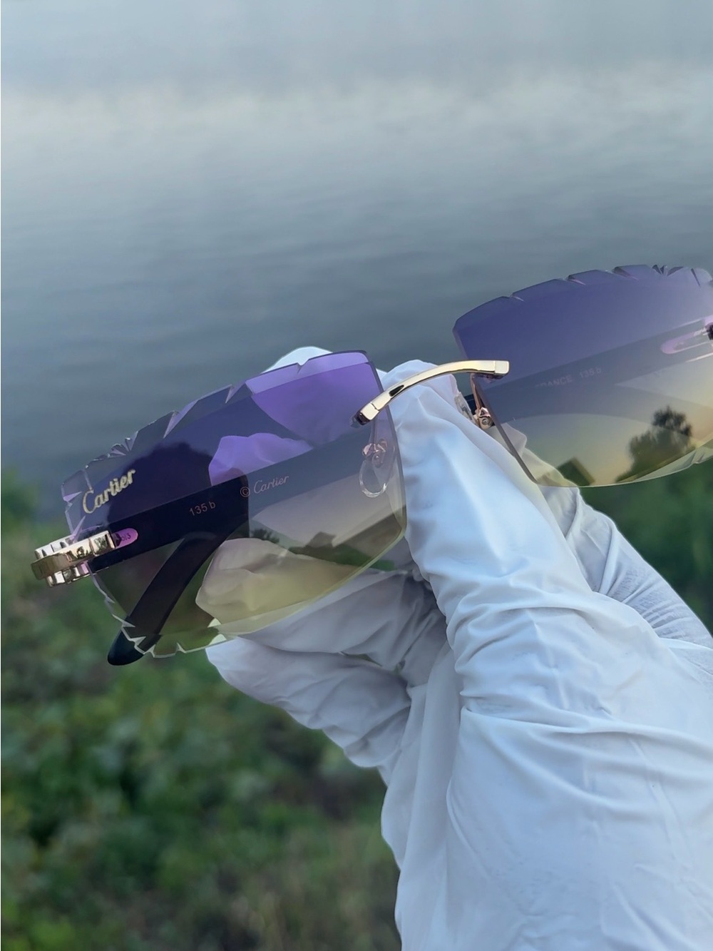 Cartier Purple to Yellow Gradient Rimless Sunglasses with Gold Accents